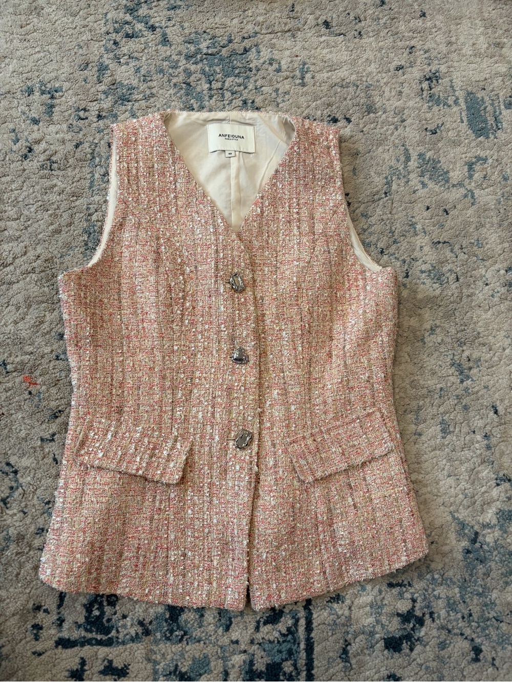 Anne Fontaine Pink Tweed Sleeveless Vest with Decorative Buttons